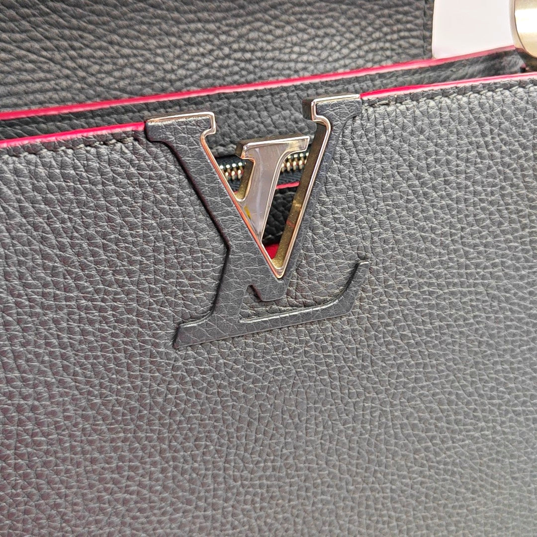 LOUIS VUITTON CAPUCINES Medium Size Black Calfskin Single Shoulder Bag Crossbody Handbag Silver Hardware Removable Shoulder Strap-(SKU)-968015408