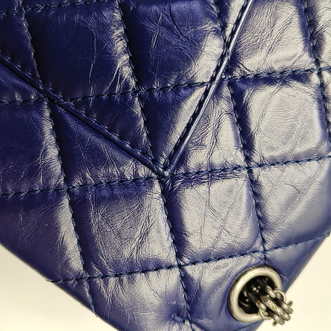 CHANEL 2.55 Large Deep Blue Vintage Calfskin Quilted Chevron Single Shoulder Bag with Palladium Hardware-(SKU)-955055136