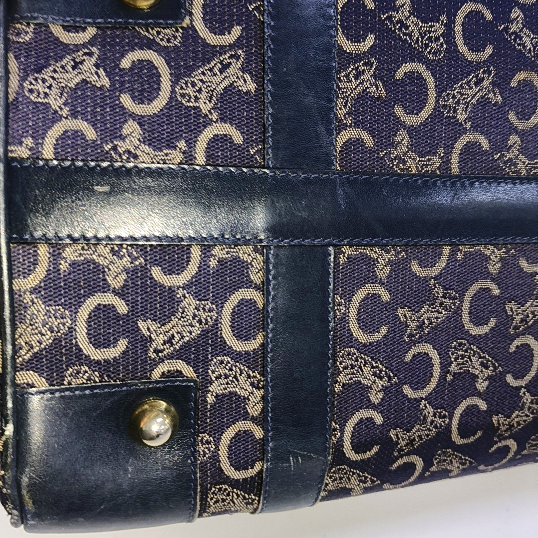 CELINE Dark Blue Canvas Triumphal Arch Handbag Golden hardware-(SKU)-933886003