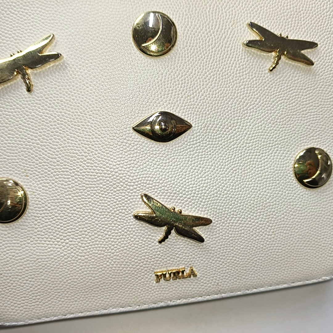 FURLA White Leather Studs Shoulder Bag Golden hardware Removable shoulder strap-(SKU)-939909071