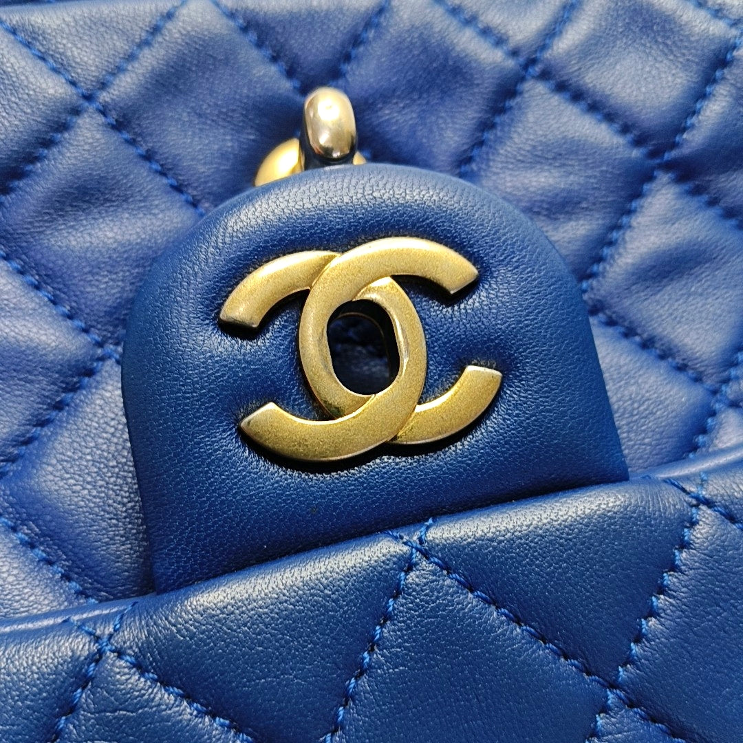 CHANEL CLASSIC FLAP Mini Blue Lamb Leather Grained Quilted Fat Boy Crossbody Bag Single Shoulder Bag with Gold Hardware 30 opening-(SKU)-969459485