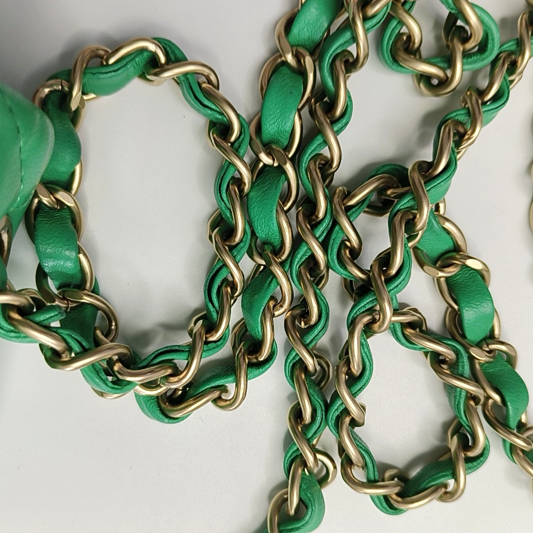 CHANEL CLASSIC FLAP Green Lamb Skin Quilted Monogram Large Mini Crossbody Bag Shoulder Bag 18 Clasp Golden Hardware-(SKU)-964964011