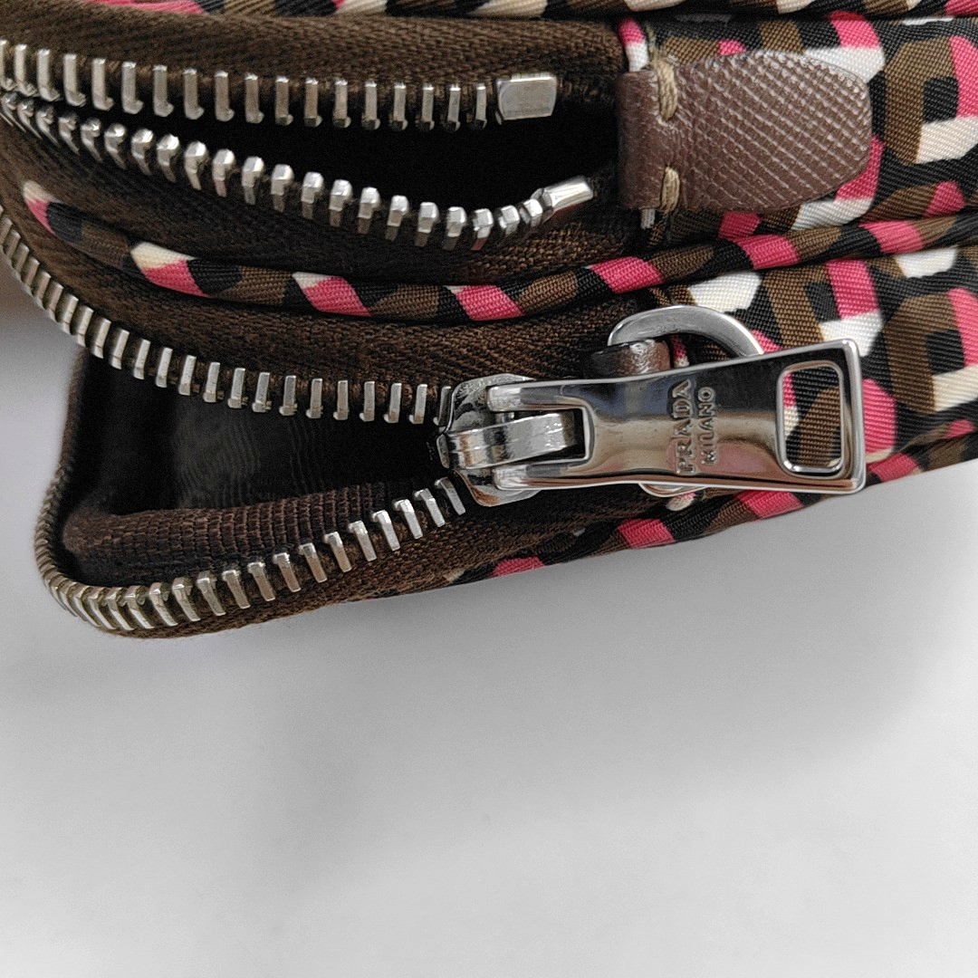 PRADA Cell Phone Bag Brown Nylon Monogrammed Printed Single Shoulder Bag Crossbody Silver Hardware Removable shoulder strap-(SKU)-957241212