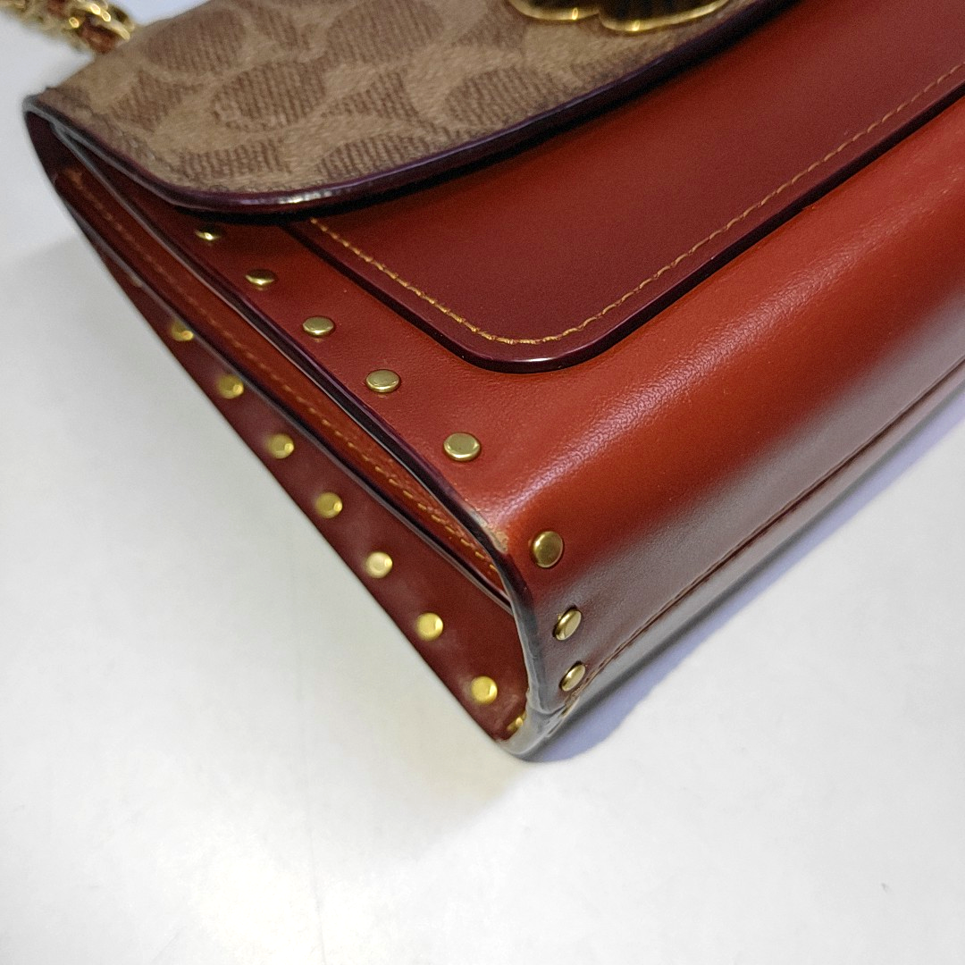 COACH PARKER 18 Brown Coated Canvas Monogrammed Studs Crossbody Shoulder Bag Golden hardware-(SKU)-940154037
