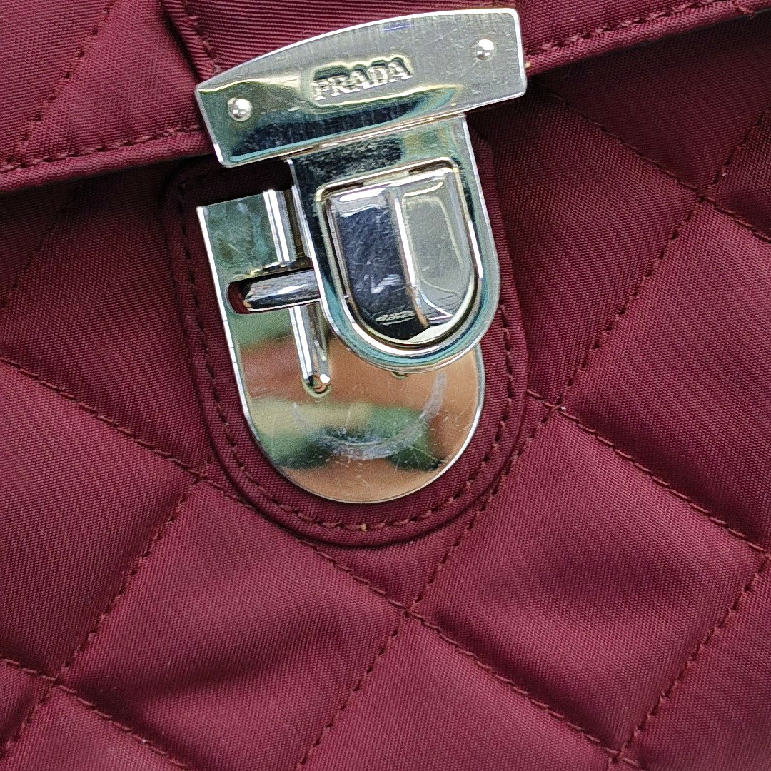 PRADA Burgundy Fabric Quilted Single Shoulder Bag Crossbody Bag Silver Hardware Removable shoulder strap-(SKU)-952724345