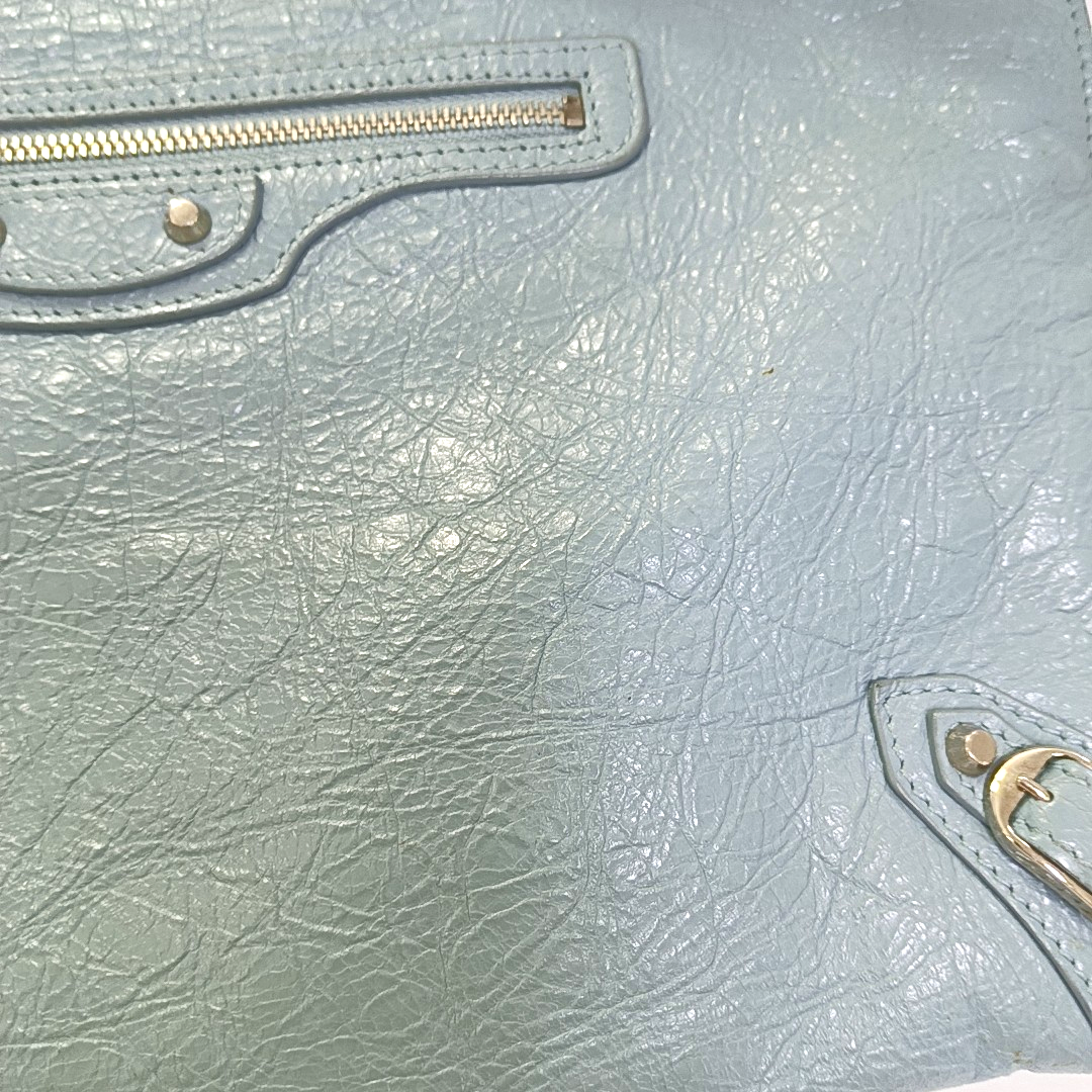 BALENCIAGA Classic City Light blue sheepskin studded biker bag, handbag Silver Hardware-(SKU)-960786182
