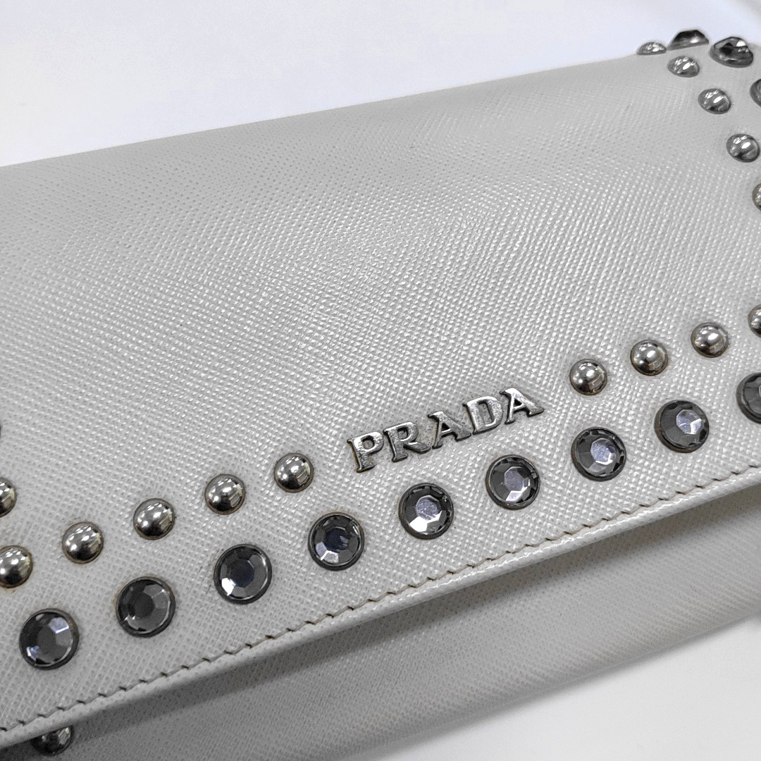 PRADA White Cowhide Crisscross Studs Single Shoulder Bag Crossbody Bag Silver Hardware Removable shoulder strap-(SKU)-935053572