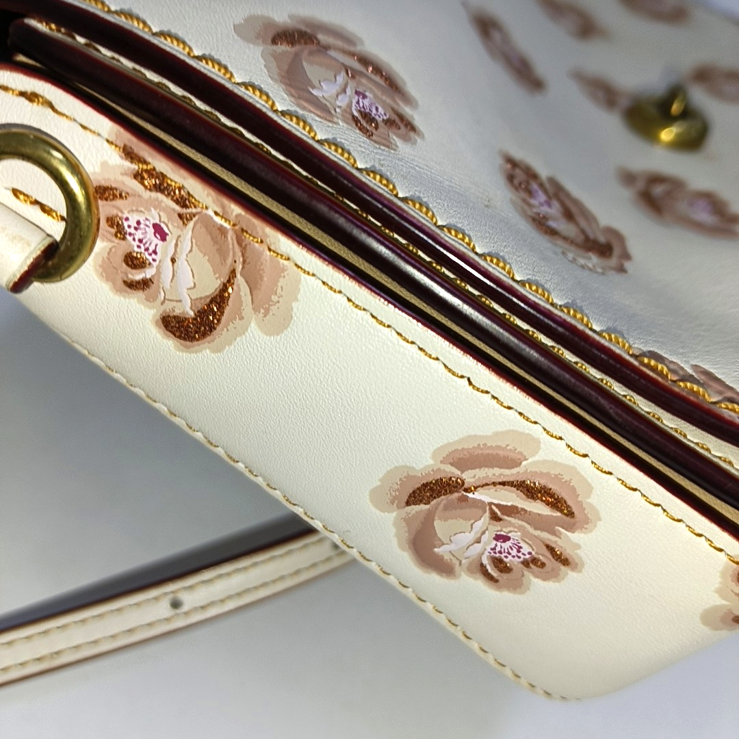 COACH DINKY Medium size White Leather Printed Sling Bag Golden hardware Removable shoulder strap-(SKU)-937355790