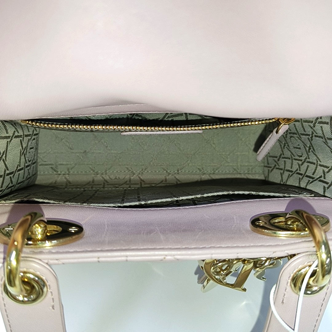 DIOR Lady Dior Small Pink Purple Lamb Skin Cannage 4-Compartment Shoulder Bag Crossbody Bag Gold Hardware Removable Strap-(SKU)-967754784