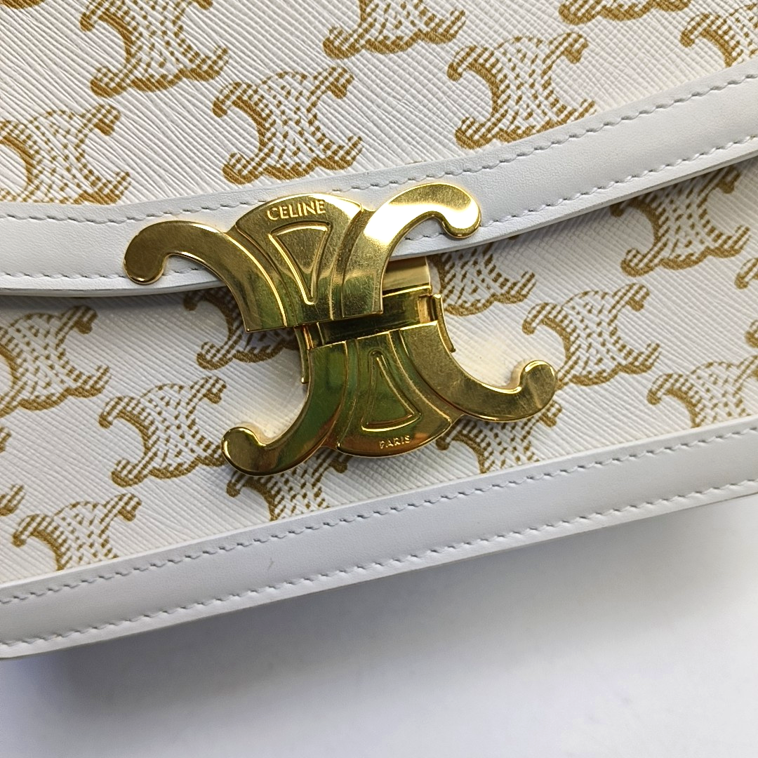 CELINE TRIOMPHE Small White Coated Canvas Triomphe Crossbody Single Shoulder Bag with Gold Hardware-(SKU)-953576570
