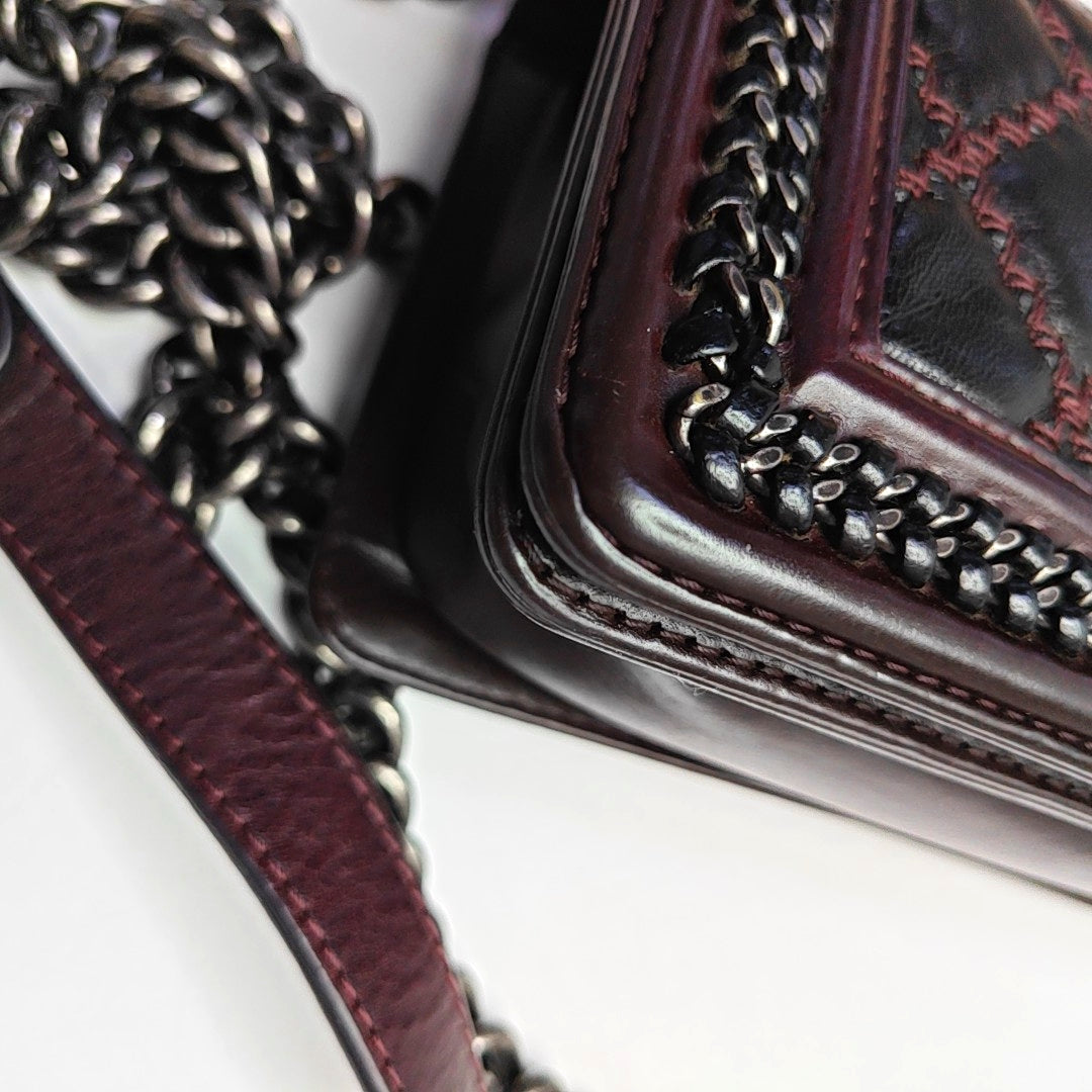 CHANEL BOY CHANEL Small Burgundy Calfskin Quilted Shoulder Bag Tote Crossbody Bag with Detachable Strap Rhodium Hardware 21 Compartments-(SKU)-965756203
