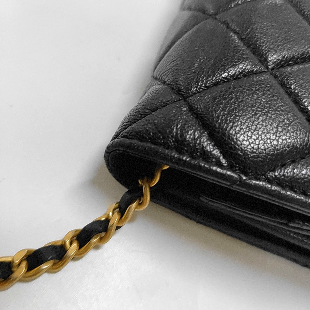 CHANEL CHANEL 19 WOC Black Lamb Skin Quilted Shoulder Bag Crossbody with Gold Hardware 28 Clasp-(SKU)-968974171