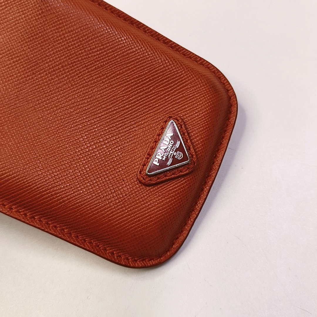 PRADA Orange-red leather logo cross-grain card holder Silver Hardware-(SKU)-958875998