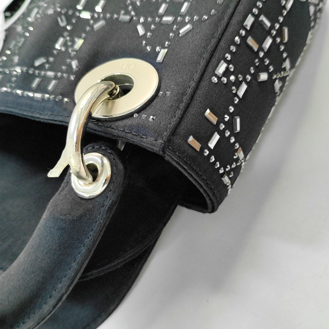DIOR Lady Dior Mini Dark Blue Silk Jacquard Quilted Shoulder Bag with Chain Strap, Silver Hardware, Removable Shoulder Strap-(SKU)-955061243