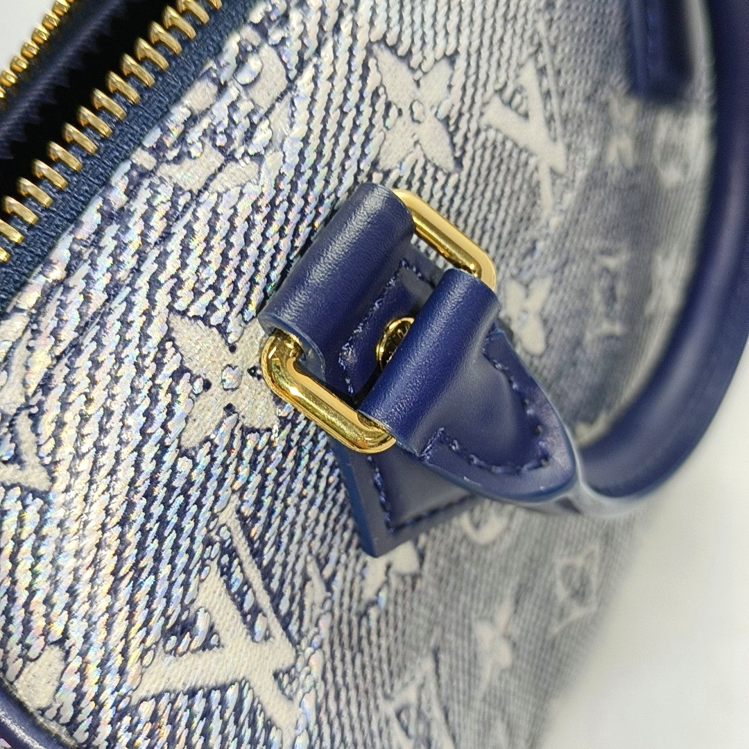 LOUIS VUITTON SPEEDY 20 Light Blue Special Material Monogram Embossed Boston Bag Crossbody Bag Shoulder Bag Tote Bag Adjustable Strap Golden Hardware Removable Strap-(SKU)-952606460