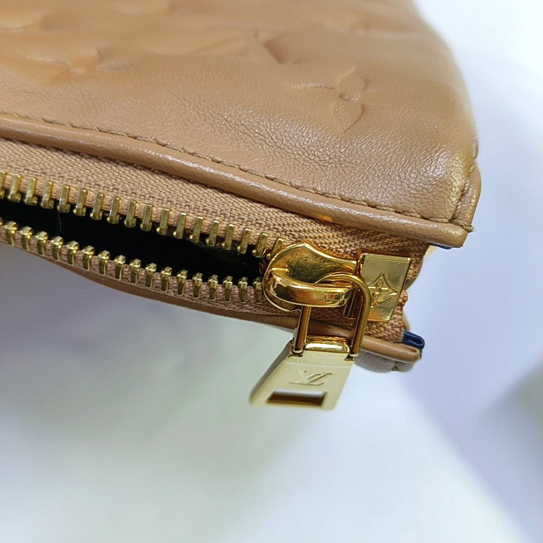 LOUIS VUITTON COUSSIN Small Khaki Calfskin Monogram Embossed Crossbody Bag Shoulder Bag Gold Hardware 2 Removable Straps Accessories Included-(SKU)-969393428