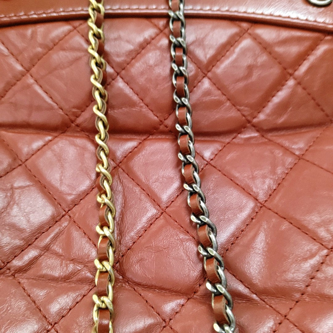 CHANEL GABRIELLE Small Brick Red Leather Quilted Chain Backpack with Detachable Strap, Gold Silver Rhodium Hardware, 26 Flaps-(SKU)-967622926
