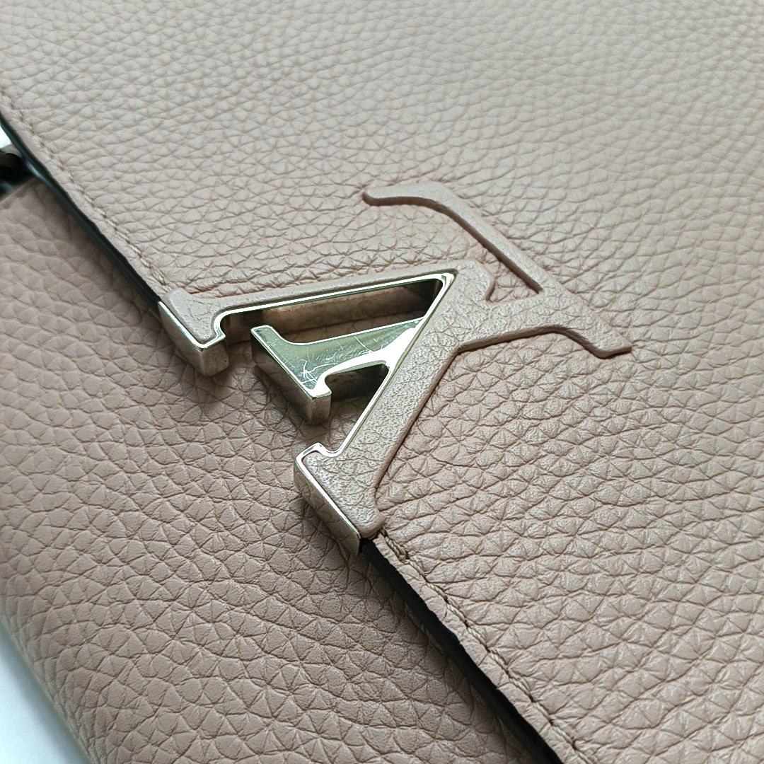 LOUIS VUITTON CAPUCINES Medium Size Nude Pink Calfskin Crossbody Bag Shoulder Bag Tote Bag Silver Hardware Removable Strap-(SKU)-954522912