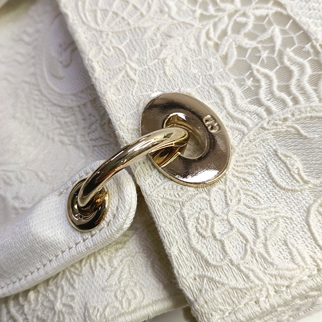 DIOR Lady D-Lite Medium Size White Canvas Embroidered Cutout Crossbody Shoulder Bag with Gold Hardware Removable Shoulder Strap-(SKU)-950358894