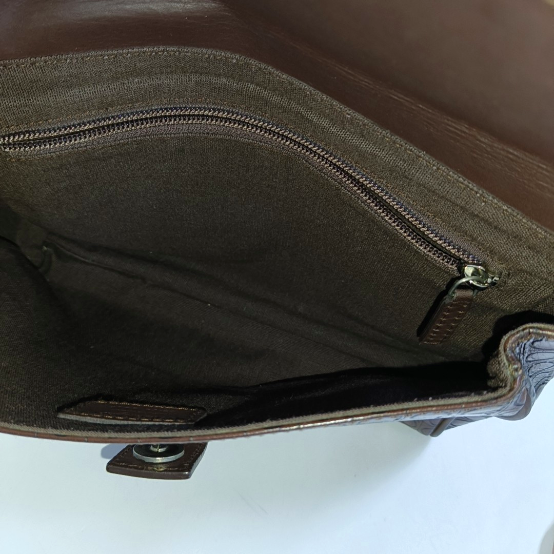 FERRAGAMO Chocolate Brown Leather Embossed Clutch Silver Hardware-(SKU)-942092439