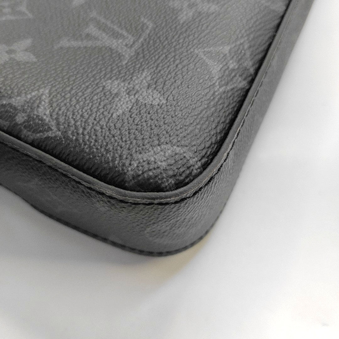 LOUIS VUITTON TRIO Gray Coated Canvas Monogram Messenger Bag Black Samurai Crossbody Bag Shoulder Bag Silver Hardware Pockets Removable Strap-(SKU)-968551162