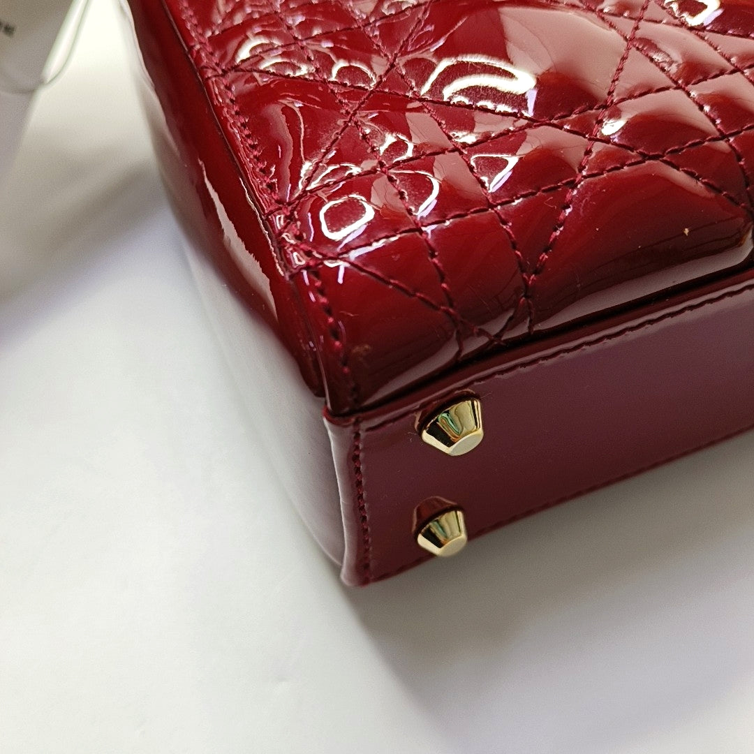 DIOR Lady Dior Mini Red Patent Lambskin Quilted Cannage Three Shoulder Bag, Crossbody Bag, Handbag with Detachable Strap-(SKU)-966772518