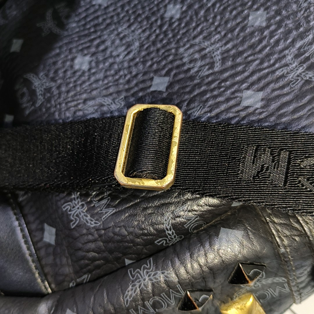 MCM STARK Small size Black Coated Canvas Monogram Studs Backpack Golden hardware-(SKU)-942517154