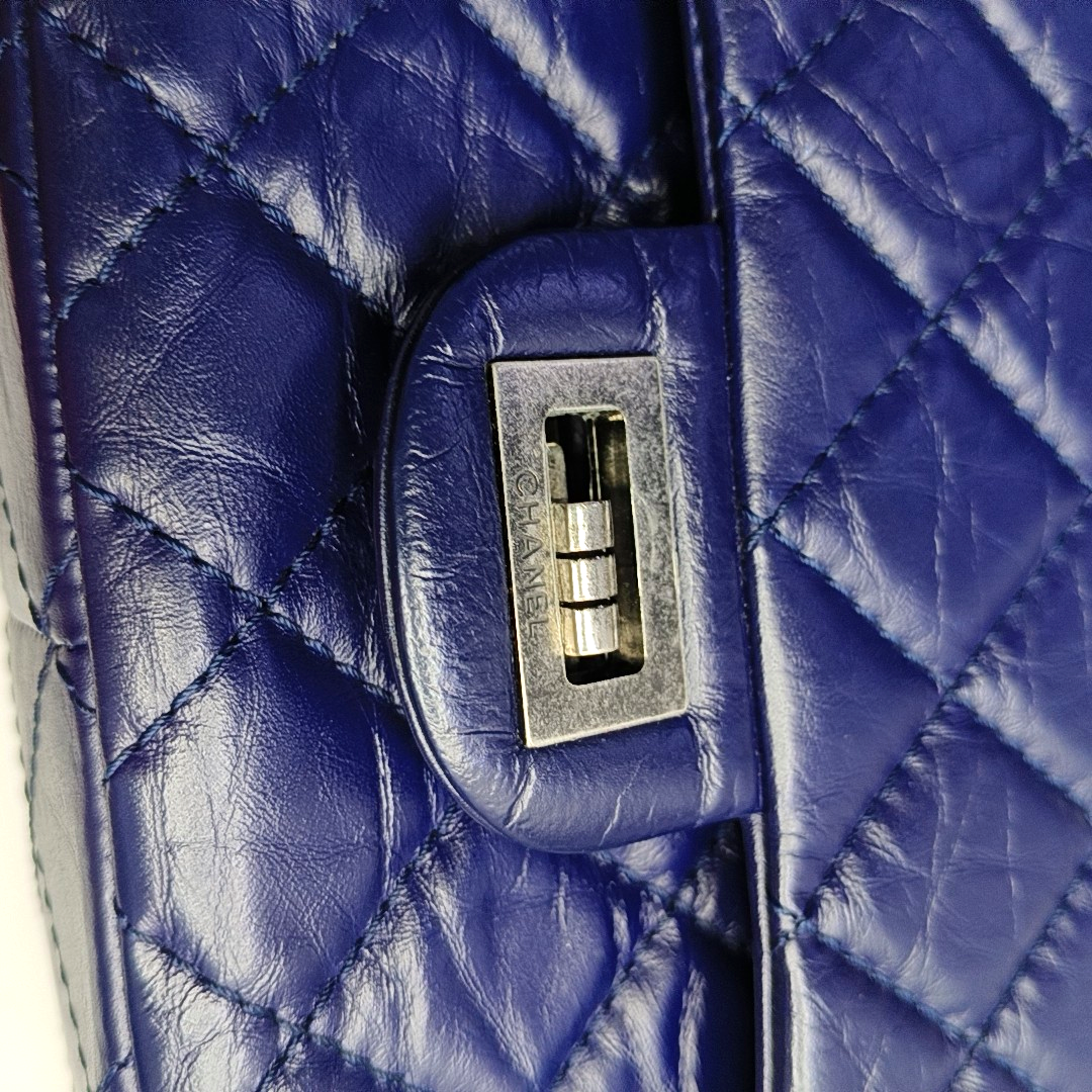 CHANEL 2.55 Large Deep Blue Vintage Calfskin Quilted Chevron Single Shoulder Bag with Palladium Hardware-(SKU)-955055136