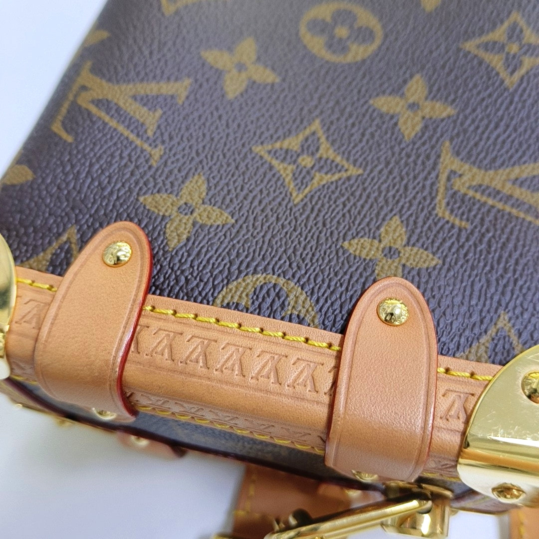 LOUIS VUITTON SIDE TRUNK Small Size Brown Coated Canvas Monogram Embossed Riveted Soft Box Shoulder Bag Tote Bag Crossbody Bag Gold Hardware Two Removable Straps-(SKU)-967707192