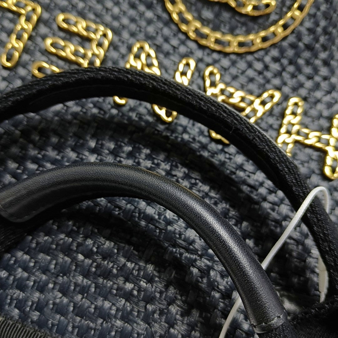 CHANEL DEAUVILLE large size black special material woven beach bag, shoulder bag, handbag with gold hardware and 31 chain links-(SKU)-971090385