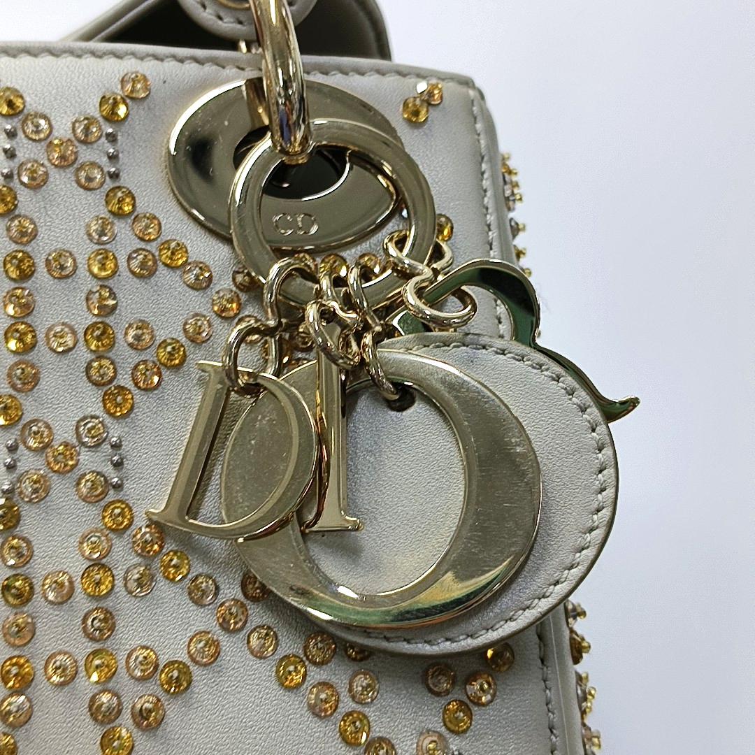 DIOR Lady Dior mini champagne lamb skin Cannage pattern three-compartment crossbody bag, shoulder bag with gold hardware and detachable strap-(SKU)-963332269
