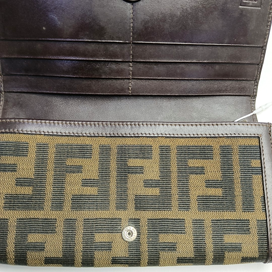FENDI 棕色帆布双F钱包-(SKU)-952489575