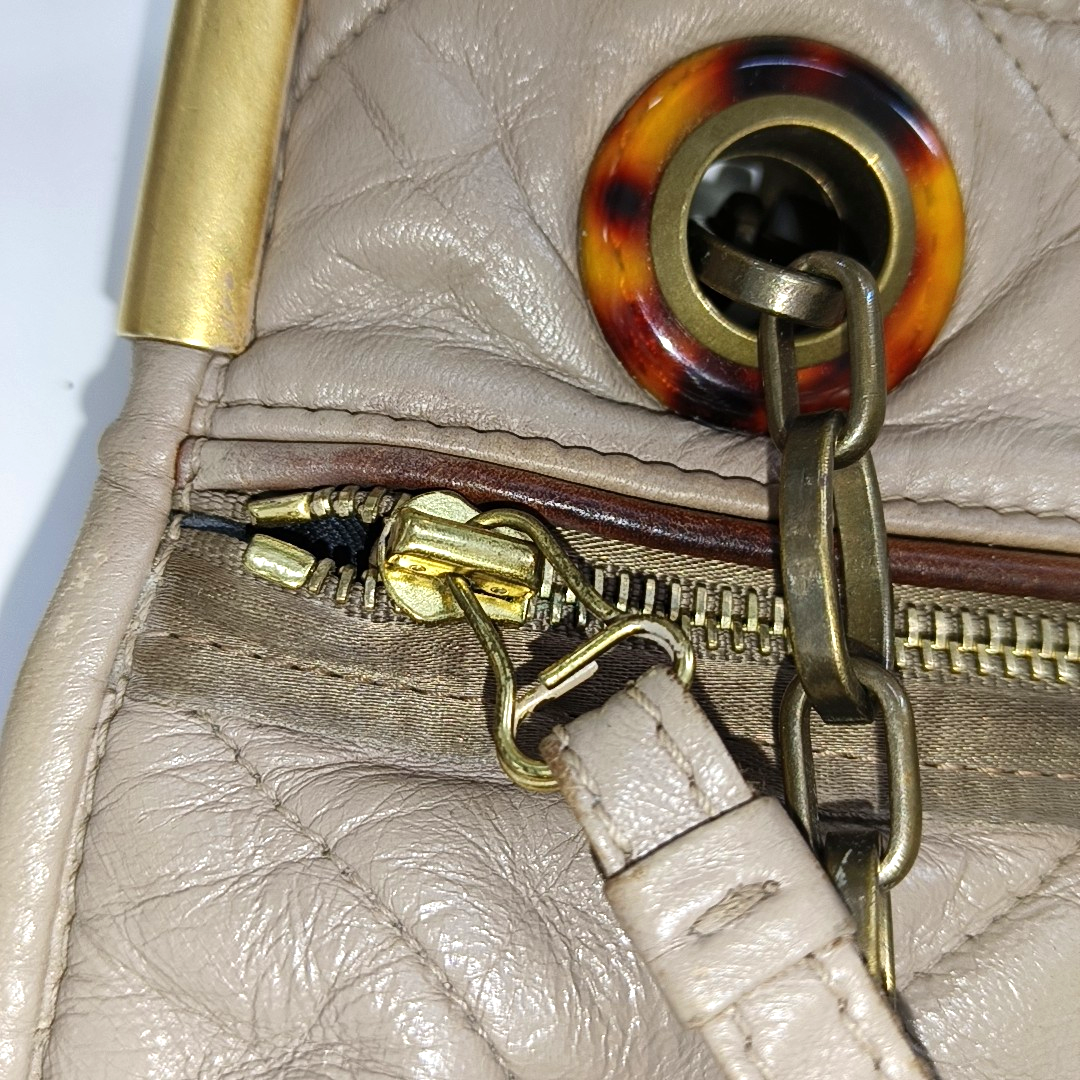 LANVIN Grey Leather Quilted Single Shoulder Bag Gold Brown Hardware-(SKU)-14232379