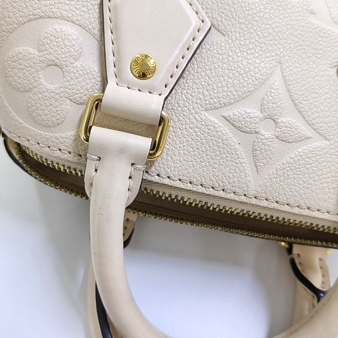 LOUIS VUITTON SPEEDY 20 Beige Leather Monogram Vernis Boston Bag Shoulder Bag Crossbody Handbag with Gold Hardware and Removable Strap-(SKU)-966135797