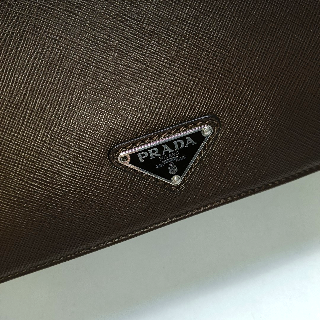 PRADA Dark Brown Cowhide Logo Crosshatch Handbag Silver Hardware-(SKU)-953376928