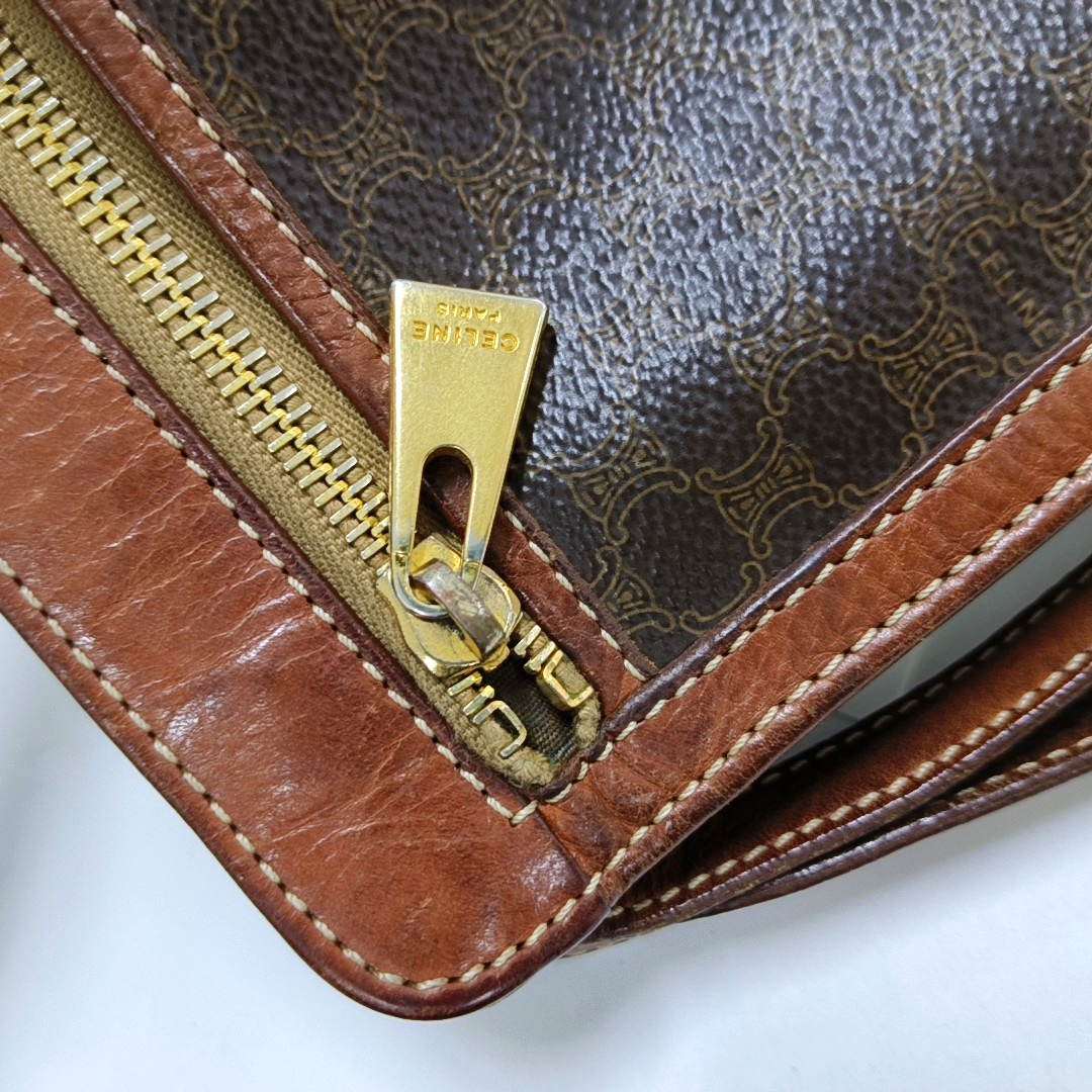 CELINE MACADAM CLUTCHES Dark Brown Coated Canvas Triumph Handbag Tote Bag Golden hardware-(SKU)-959810652