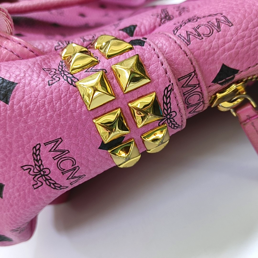 MCM STARK Small size Pink Coated Canvas Studs Double Shoulder Bag Golden hardware-(SKU)-940254240