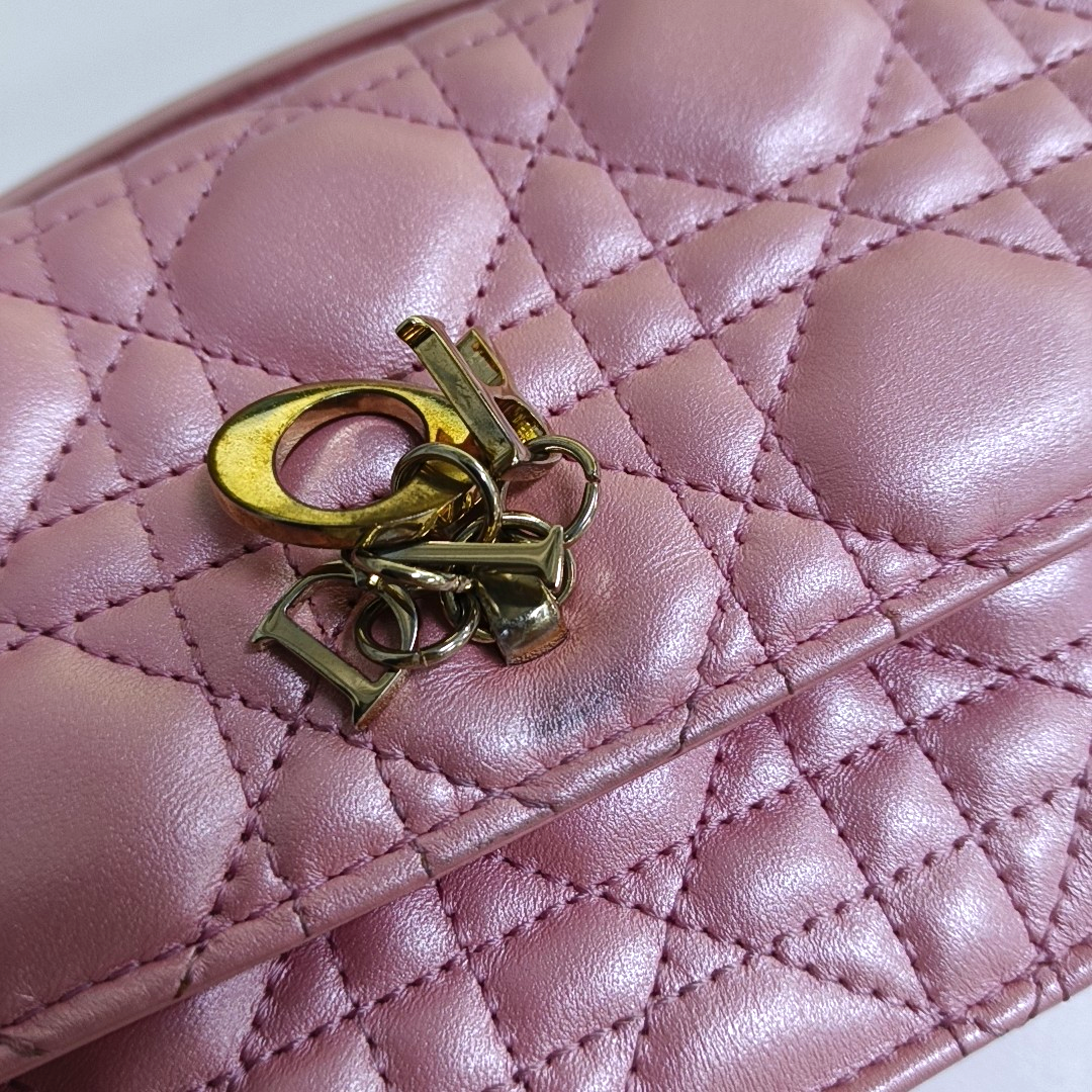 DIOR Lady Dior Mini Pink Lamb Skin Jacquard Quilted Shoulder Bag with Chain Strap, Gold Hardware, Removable Shoulder Strap, Accessories Included-(SKU)-964839672