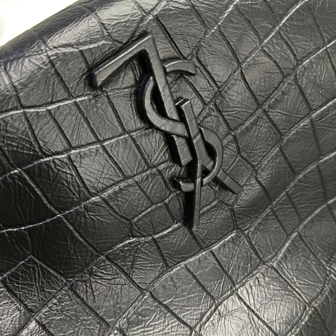 YSL NIKI Black Leather Crocodile-Print Single-Shoulder Bag with Palladium Hardware-(SKU)-971106402