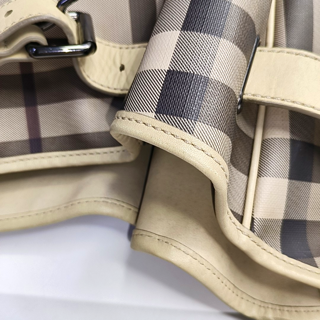 BURBERRY Smoked Check Medium size Light Gray Coated Canvas Shoulder Bag Tote Ruthenium color hardware Removable shoulder strap-(SKU)-951094751
