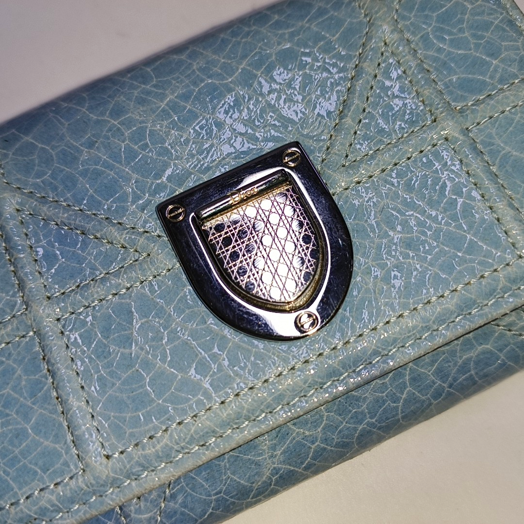 DIOR Diorama Blue Cowhide Herringbone Quilted Shield Bag Wallet Silver Hardware-(SKU)-958202487