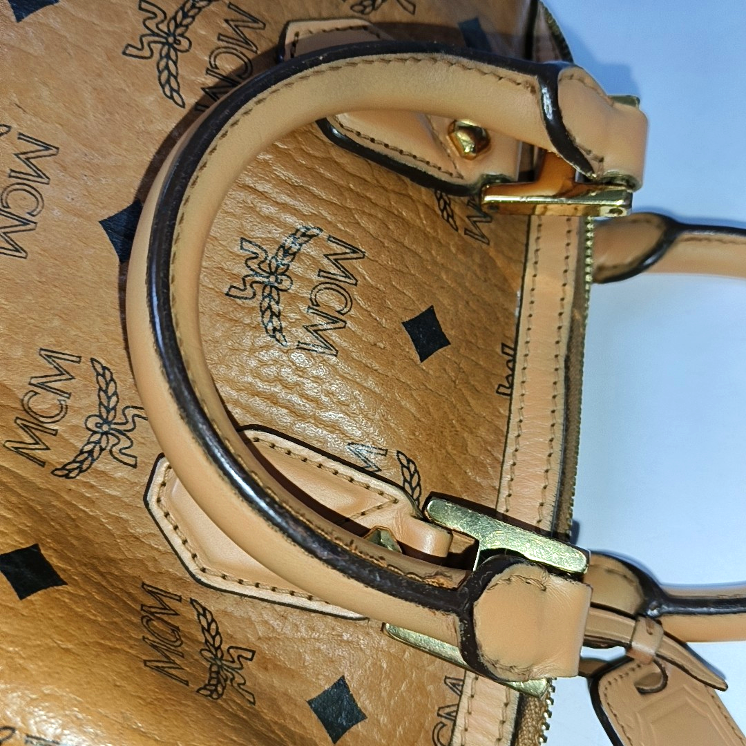 MCM ESSENTIAL Cognac Coated Canvas Monogram Print Boston Bag Single Shoulder Bag Handbag Crossbody Bag Golden hardware Removable shoulder strap-(SKU)-942033097