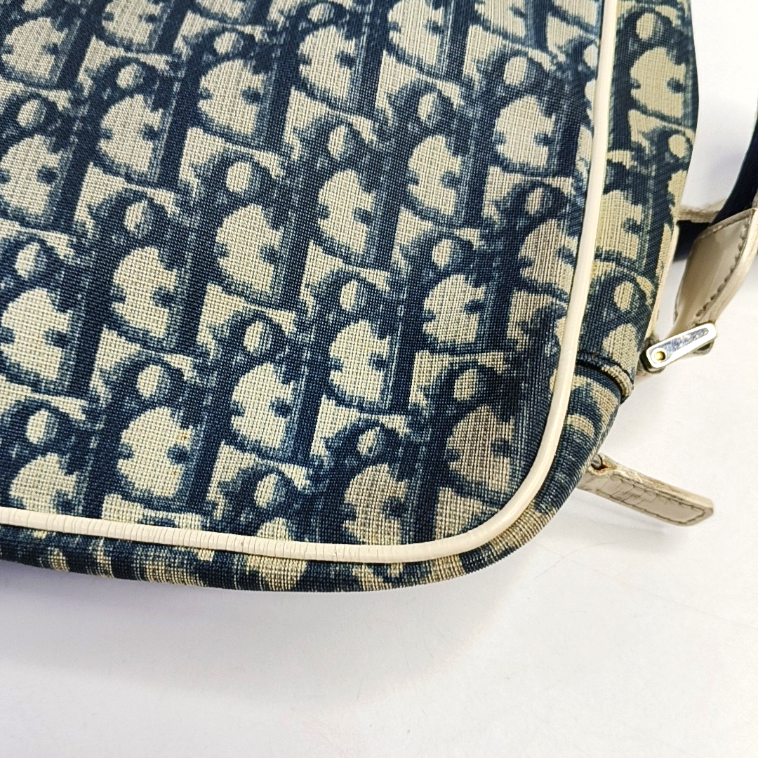 DIOR Dark Blue Coated Canvas Monogram Crossbody Shoulder Bag Silver Hardware-(SKU)-957328406