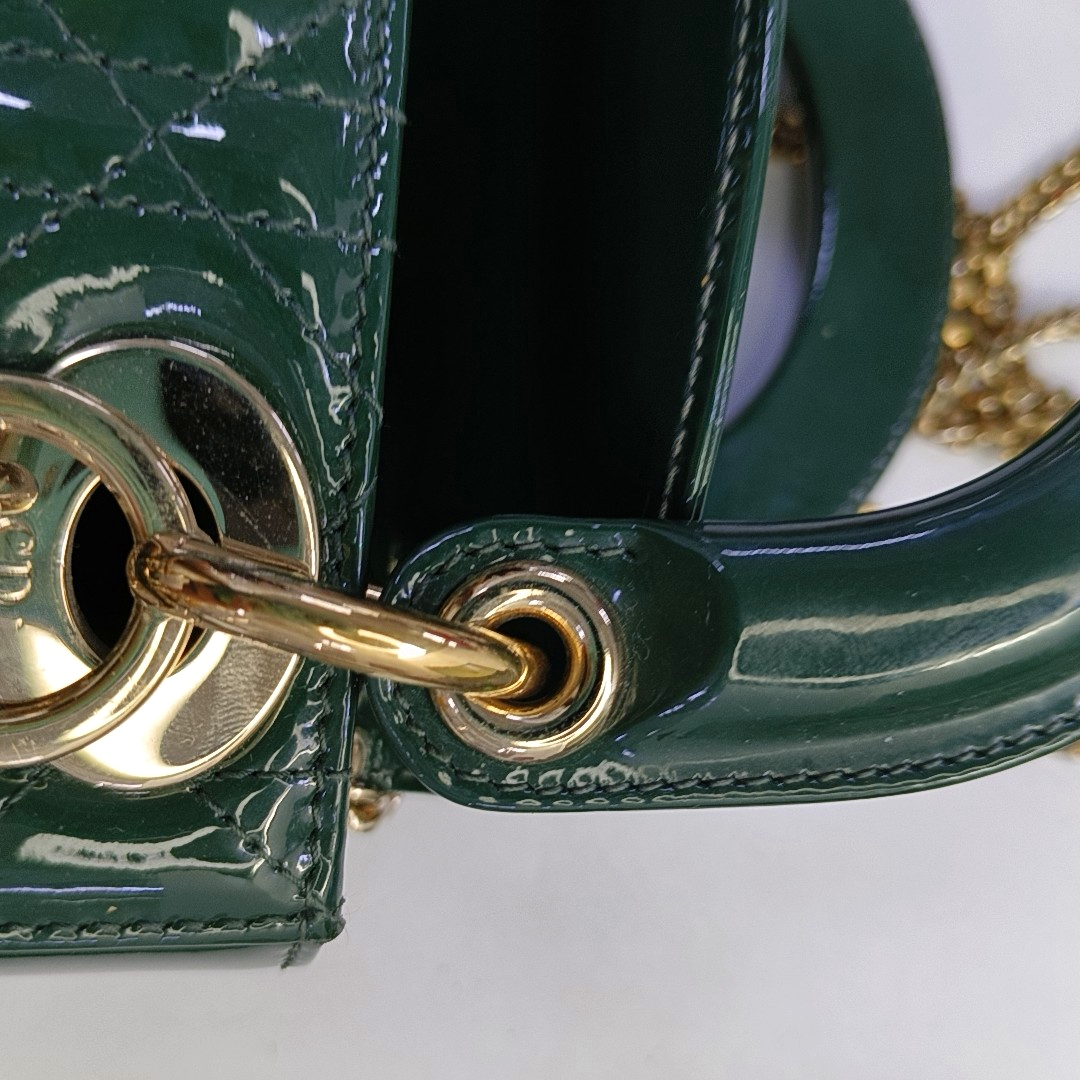 DIOR Lady Dior Mini Dark Green Patent Lamb Skin Quilted Diaper Bag 3-Compartment Shoulder Bag Tote Bag Crossbody Bag Golden Hardware Removable Strap-(SKU)-947300557