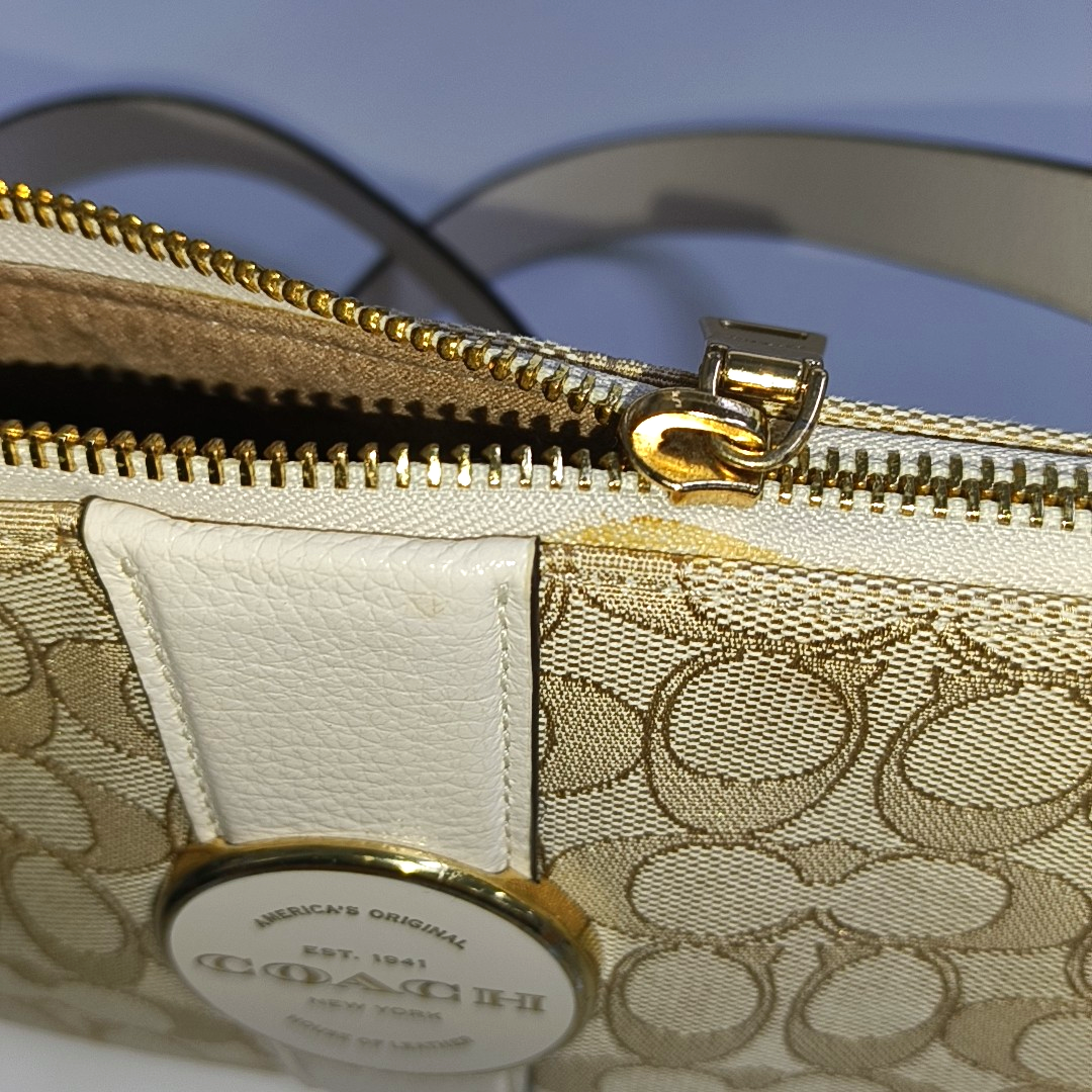 COACH Beige Canvas Monogrammed Crossbody Bag Shoulder Bag Golden hardware Removable shoulder strap-(SKU)-940143188