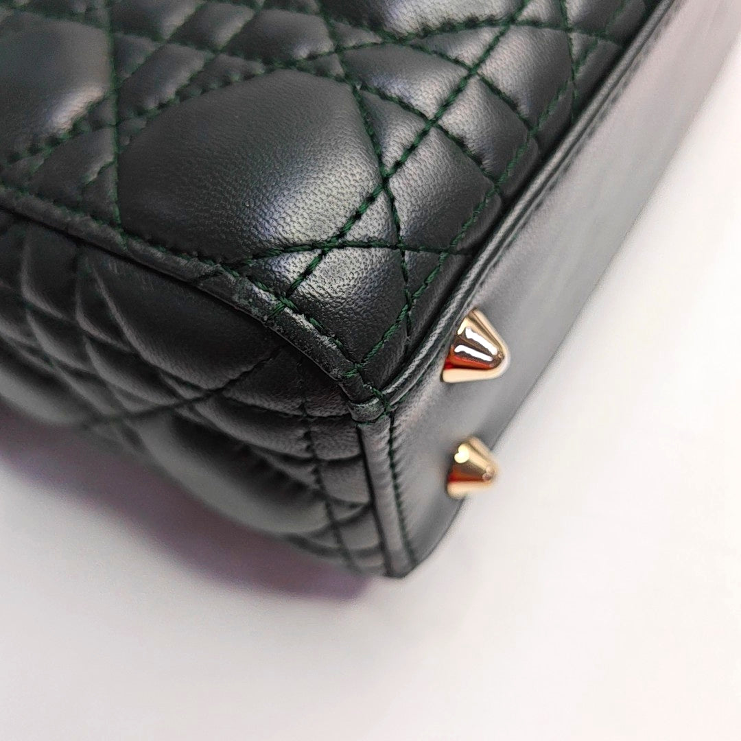 DIOR Lady Dior Small Dark Green Lamb Skin Quilted Diagonal Bag 4-Compartment Single Shoulder Bag Crossbody Handbag with Gold Hardware and Removable Shoulder Strap-(SKU)-968076065