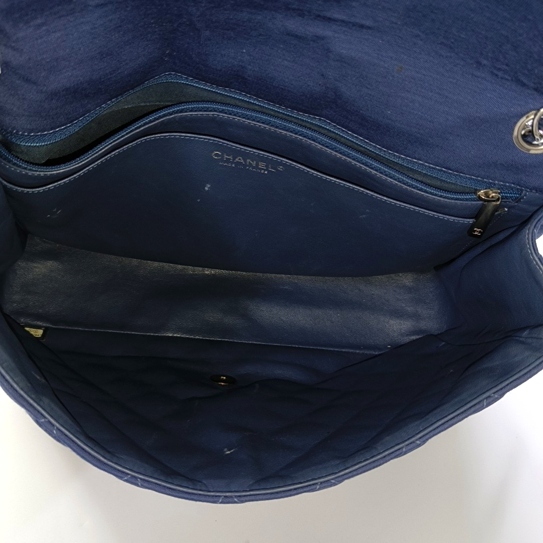 CHANEL CLASSIC FLAP Maxi Super Large Size Blue Fabric Quilted Jumbo Crossbody Shoulder Bag with 13 Clasp-(SKU)-957618087