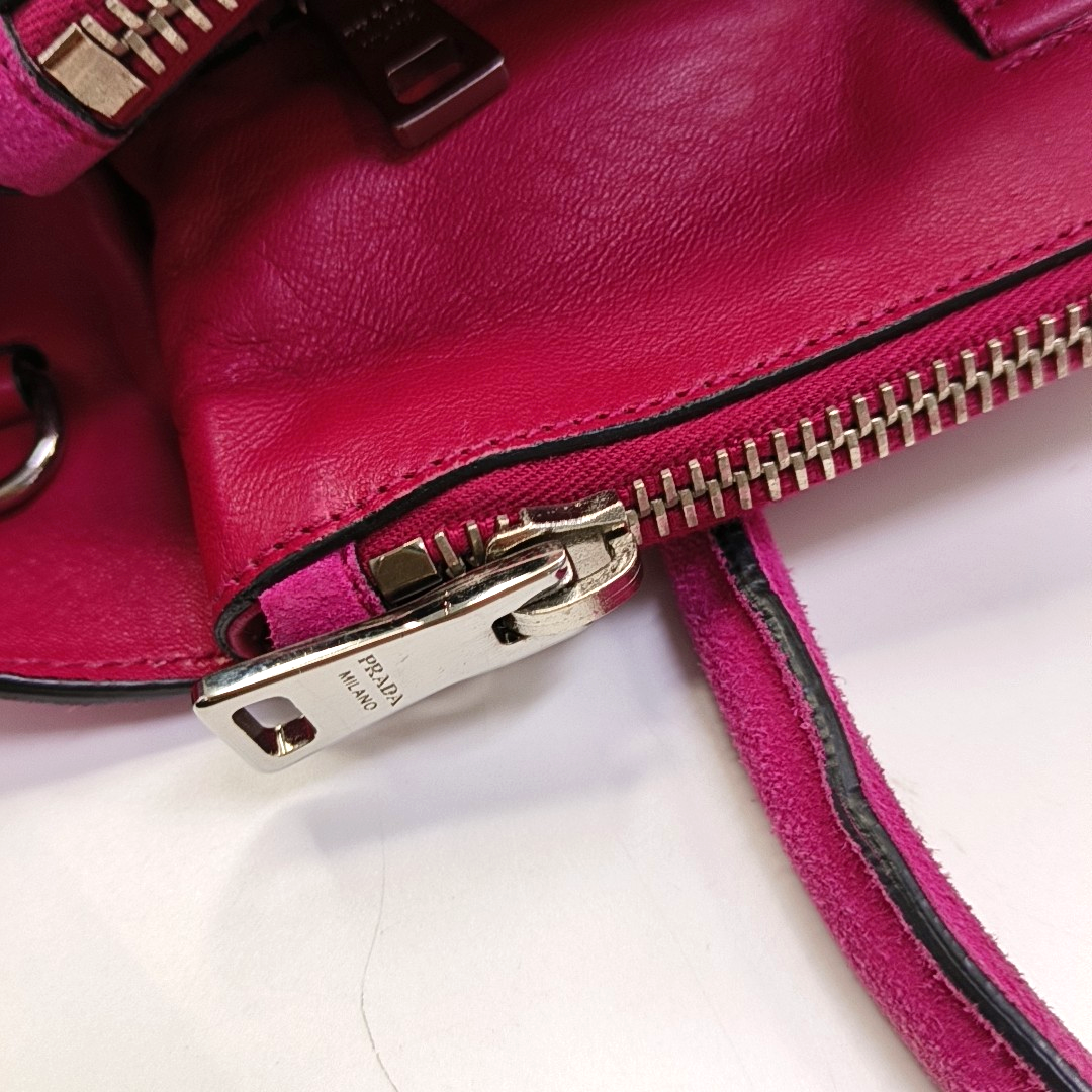 PRADA Pink Suede Logo Single Shoulder Bag Crossbody Tote Silver Hardware Removable shoulder strap-(SKU)-956356987