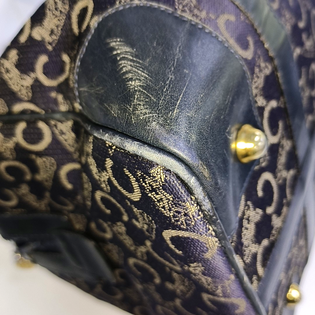 CELINE Dark Blue Canvas Triumphal Arch Handbag Golden hardware-(SKU)-933886003