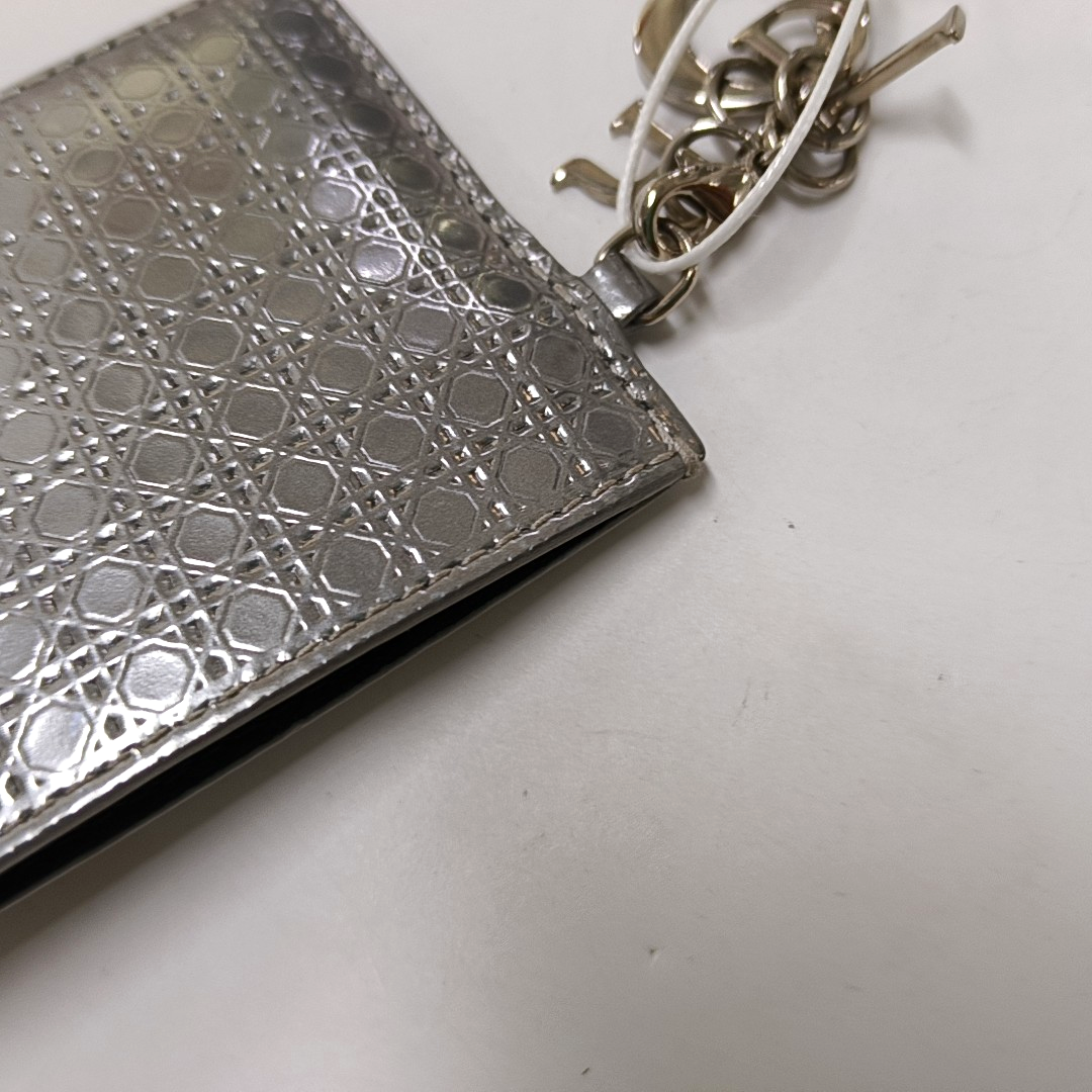 DIOR Lady Dior Silver Patent Leather Woven Quilted Diagonal Card Case Silver Hardware-(SKU)-941217354